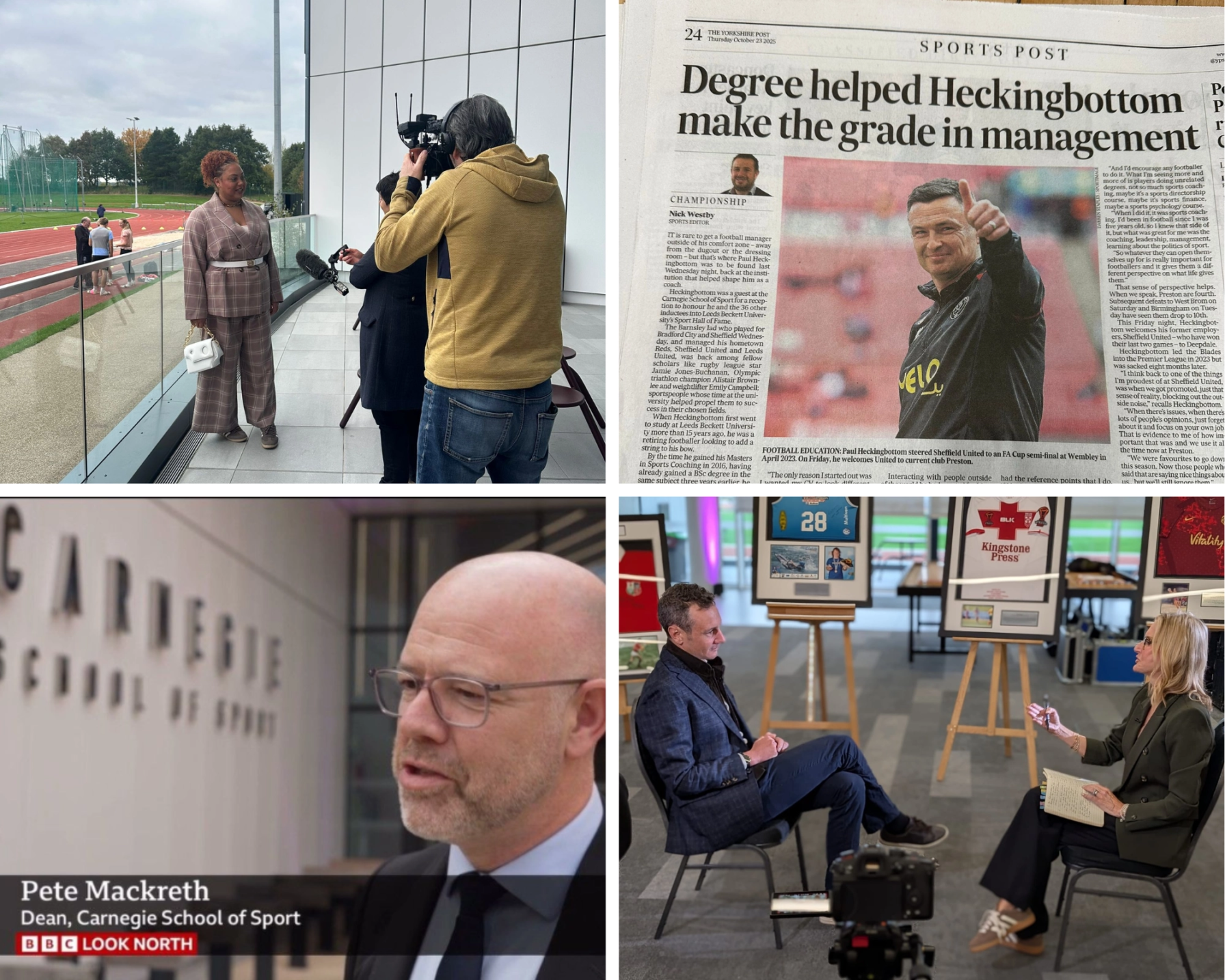 Photo collage of coverage from the Leeds Beckett Hall of fame - top left - Emily Campbell being interviewed by BBC, second left is an image of the Yorkshire Post newspaper article about Paul Heckingbottom, bottom left is Leeds Beckett Unversity Peter McKreth on BBC Look North, bottom right is Alistair Brownlee being interviewed by Sky Sports at the event